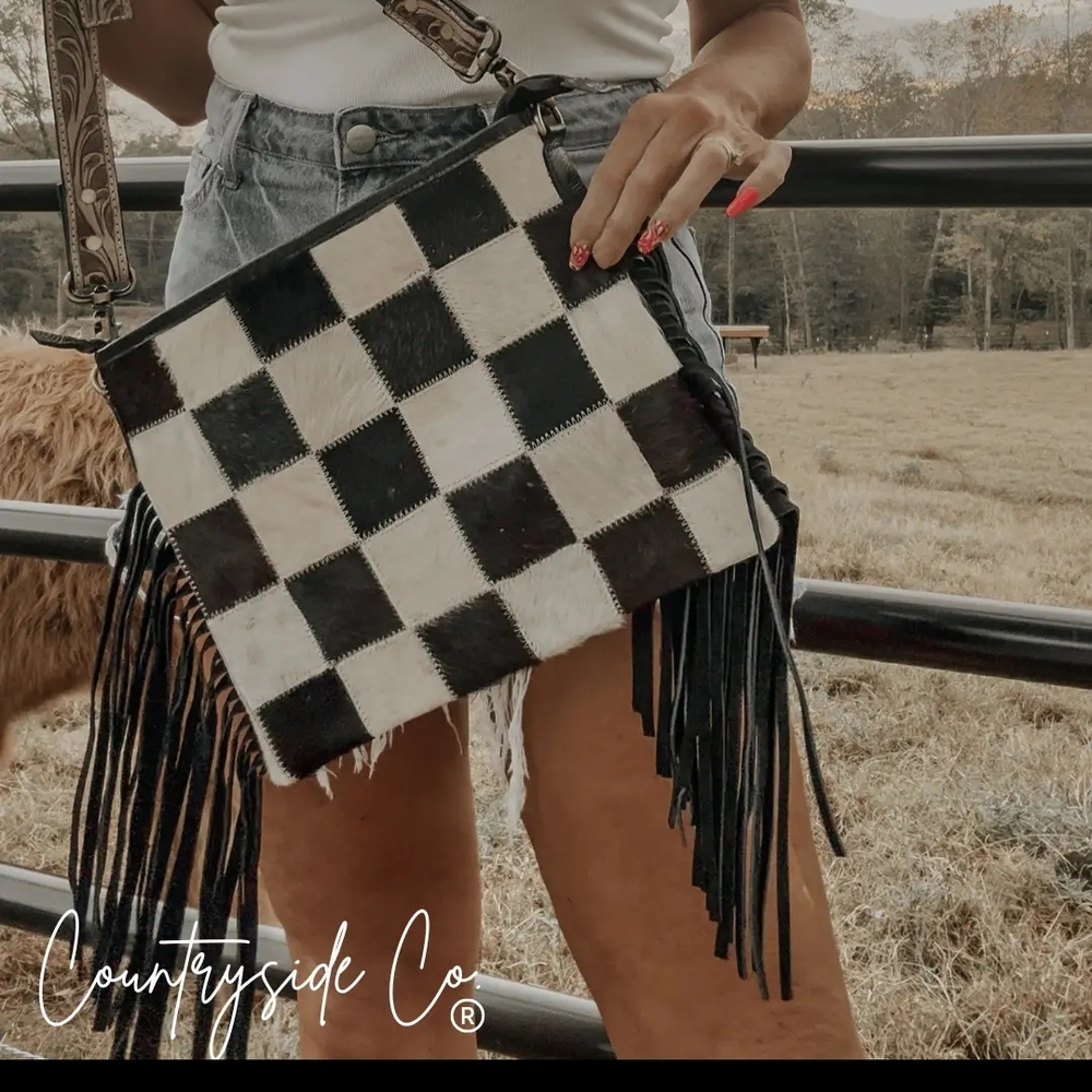 Black & White Checkerboard Fringe Crossbody
